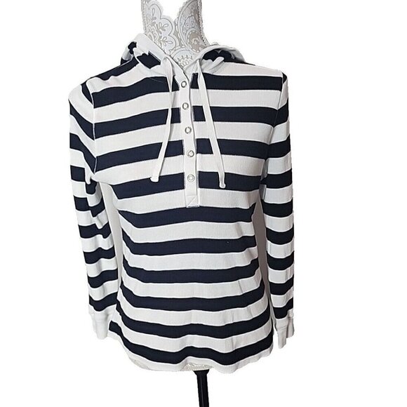 Lauren Ralph Lauren Cotton Hoodie White Black Striped Snaps Pullover Women's PM - Picture 1 of 8